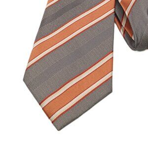 Saxony Collection Silk Repp Tie Men’s 62” Gray Orange Ribbon Stripe Classic New